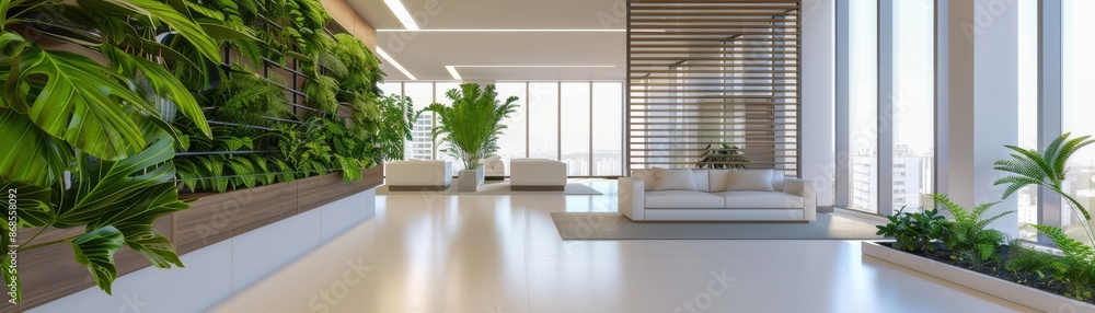 Obraz premium Modern office interior with large windows, natural light, and greenery creating a vibrant and refreshing work environment.