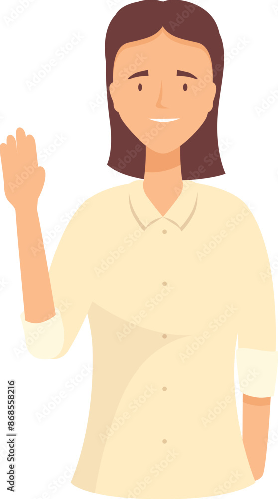 Young office worker with brown hair is waving her hand and smiling Young office worker with brown hair is waving her hand and smiling