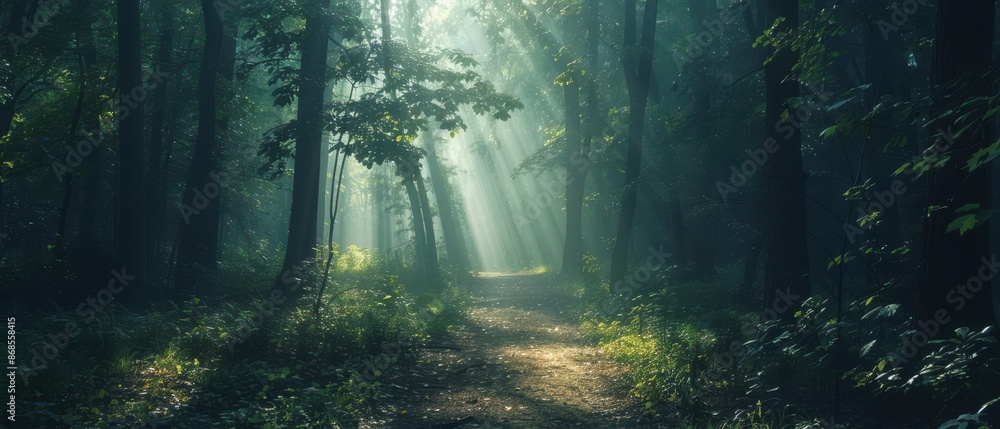 Naklejka premium A forest path is lit by the sun, creating a peaceful and serene atmosphere