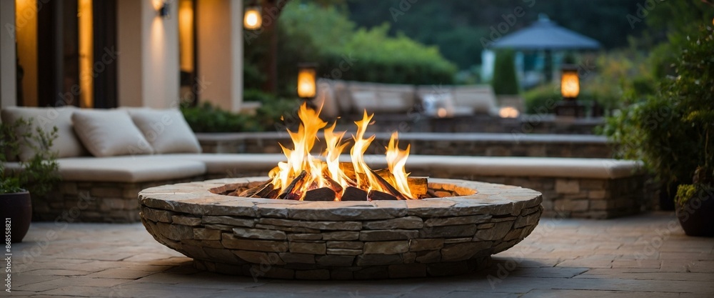 A cozy outdoor firepit with tall flames burning in a stylish patio area, surrounded by cushioned seats and greenery. A cozy outdoor firepit with tall flames burning in a stylish patio area, surrounded by cushioned seats and greenery.