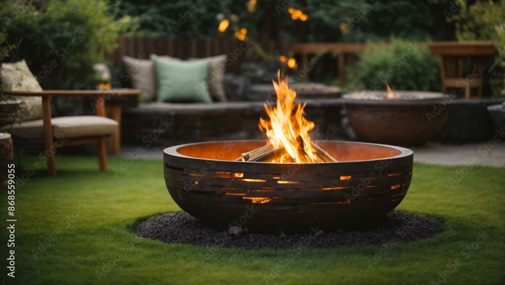 A rustic fire pit with a burning log fire, surrounded by a cozy backyard setup with seating and greenery. A rustic fire pit with a burning log fire, surrounded by a cozy backyard setup with seating and greenery.