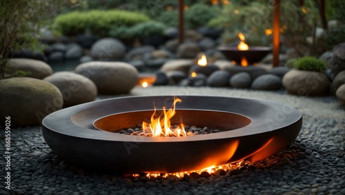 A modern circular fire pit with a burning flame, surrounded by pebbles and lush greenery in a zen garden setting.