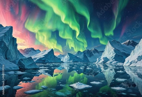 Icebergs shimmer under the northern lights, as celestial dance paints heaven's canvas with ethereal hues