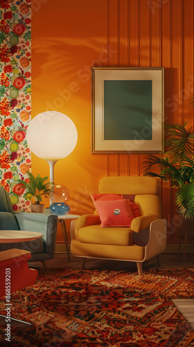 Retro, vintage interior design living room with an empty mockup poster on the wall, vibrant 1980s interior design