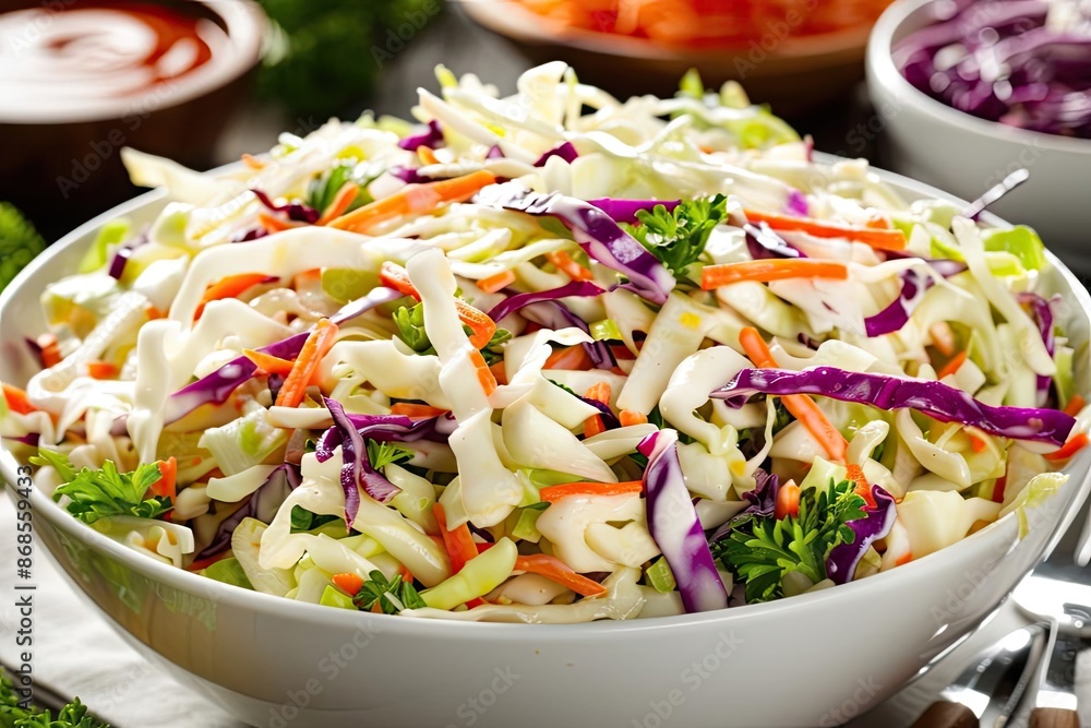 Freshly prepared coleslaw in a white bowl with a mix of colorful vegetables, perfect for a healthy side dish or salad. Freshly prepared coleslaw in a white bowl with a mix of colorful vegetables, perfect for a healthy side dish or salad.