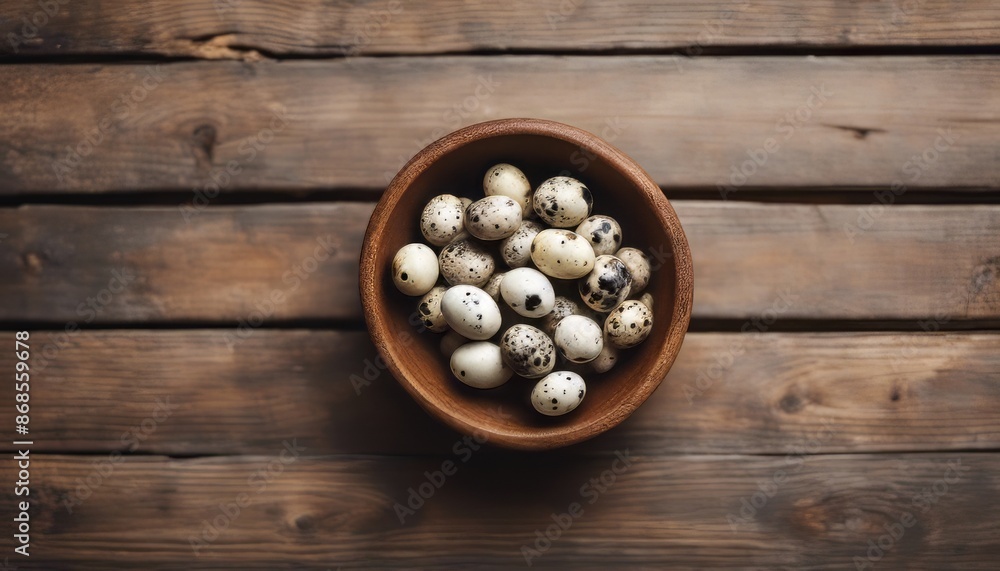 Top view of small quail eggs on a wooden bowl on a wooden background with copy space Top view of small quail eggs on a wooden bowl on a wooden background with copy space