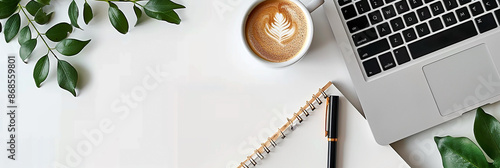 Top view flat lay photo banner mockup of office working desk with laptop computer note book and pens with space for text editing in white background 