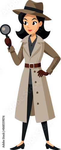 Female detective with magnifying glass in trench coat, animated character illustration