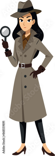 Female detective holding magnifying glass in trench coat and hat