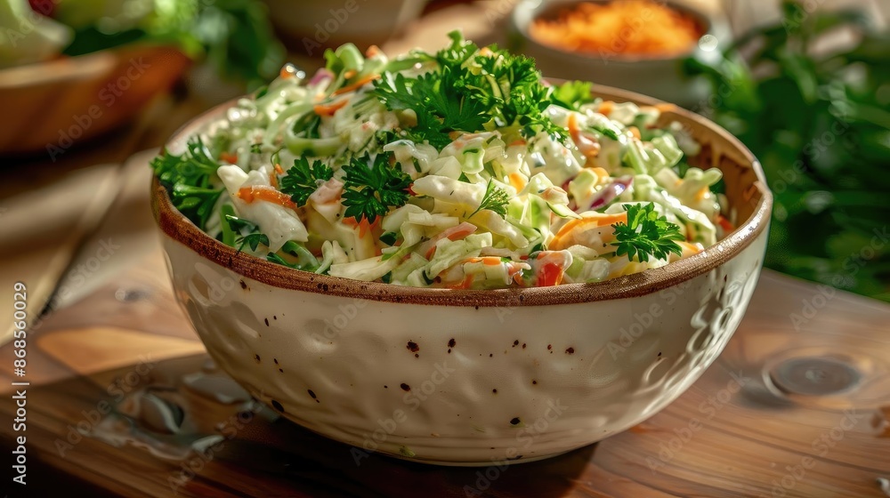 Fresh creamy coleslaw in a rustic bowl on a wooden table, garnished with chopped parsley, vibrant vegetables, and a creamy dressing. Fresh creamy coleslaw in a rustic bowl on a wooden table, garnished with chopped parsley, vibrant vegetables, and a creamy dressing.