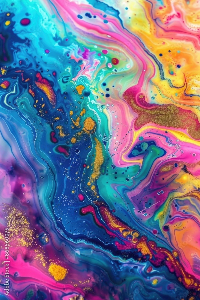 A detailed view of vibrant colors and textures in a fluid painting A detailed view of vibrant colors and textures in a fluid painting
