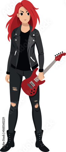 Animated female rocker with a red electric guitar posing confidently in ripped jeans and black leather jacket