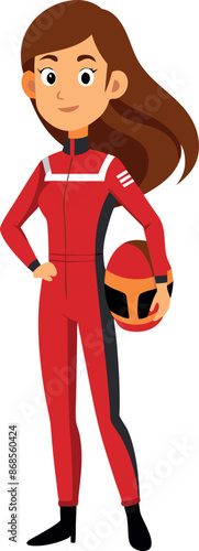 Confident female race car driver in red suit holding helmet on white background.