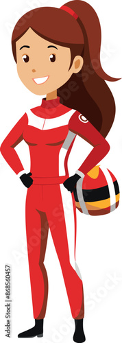 Illustration of a confident female race car driver in red racing suit holding a helmet