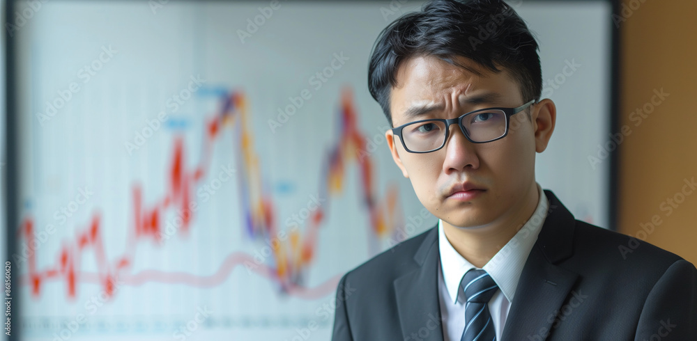 Disappointed Asian Manager in Suit with Declining Graph Background