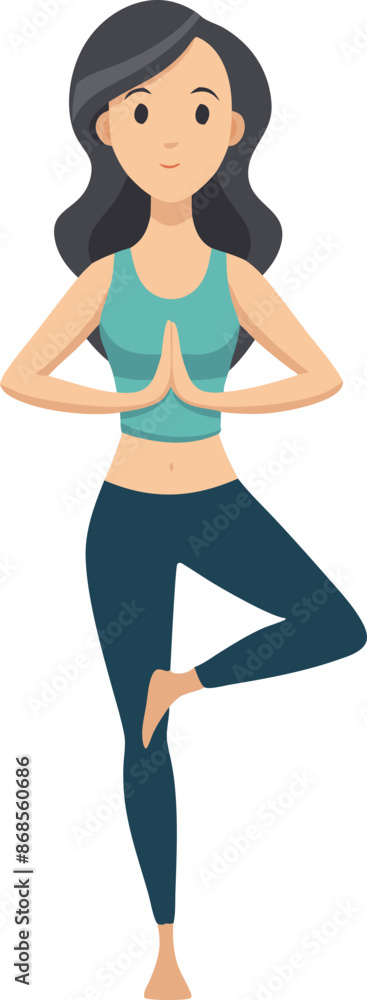Animated woman practicing yoga in tree pose, promoting relaxation and fitness Animated woman practicing yoga in tree pose, promoting relaxation and fitness