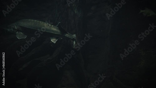 Beluga sturgeon (Huso huso) swimming in deep dark water