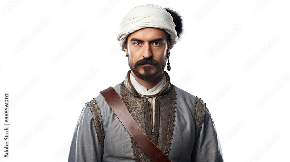 Frontal perspective An isolated white background features a photograph of an elderly Turkish man. Frontal perspective An isolated white background features a photograph of an elderly Turkish man.