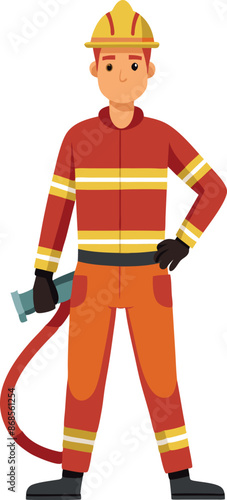 Cartoon firefighter in uniform with fire hose, ready to respond to an emergency