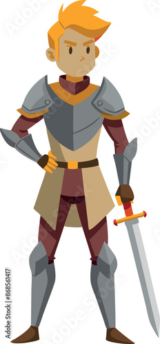 Cartoon medieval knight character with sword in armor standing confidently