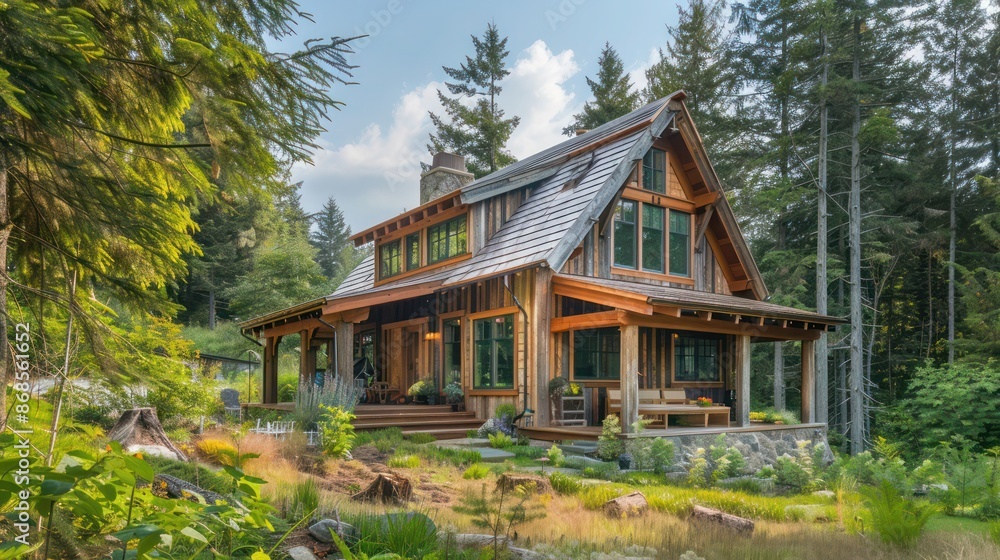 rustic cabin with exterior cedar wood cladding, nestled in a forest rustic cabin with exterior cedar wood cladding, nestled in a forest