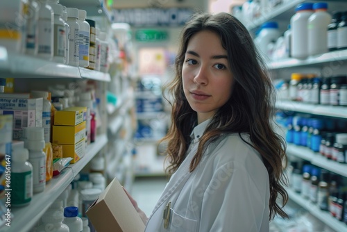 Young female pharmacist working in a pharmacy aisle, surrounded by shelves filled with medical supplies. She is holding a box and looking at the camera. Professional setting. Generative AI
