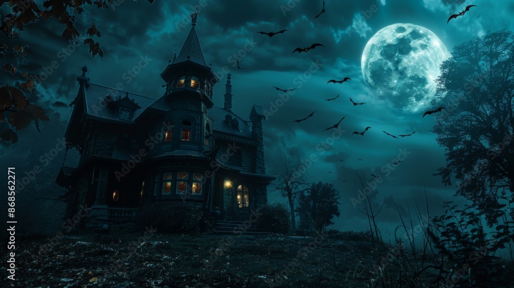 Haunted house at Halloween with moon and bats at night as scary background