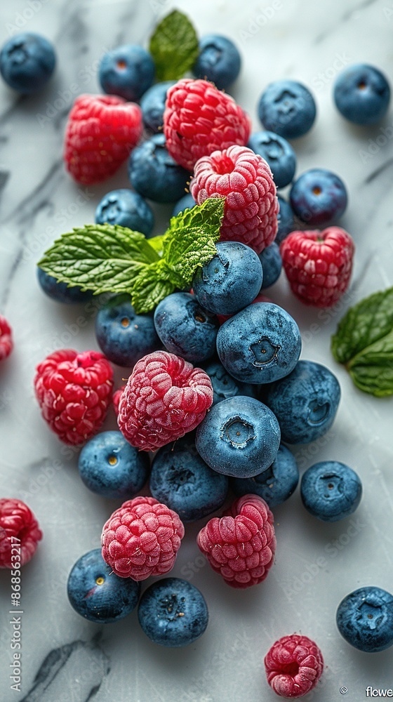 A mix of fresh blueberries and raspberries with mint leaves on a marble surface. Generated AI. A mix of fresh blueberries and raspberries with mint leaves on a marble surface. Generated AI.