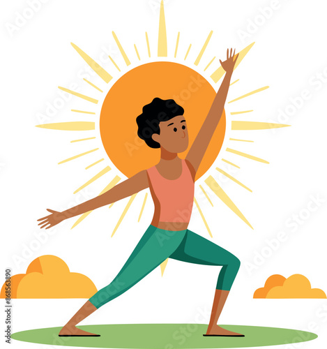 Illustration of a person practicing yoga under the morning sun