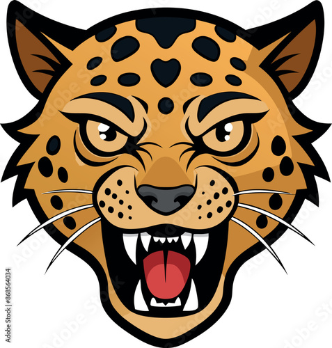 Fierce cartoon leopard head with roaring expression and bold colors