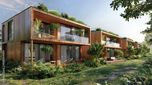 sustainable housing project with wood-clad facades and green roofs © Ramzan