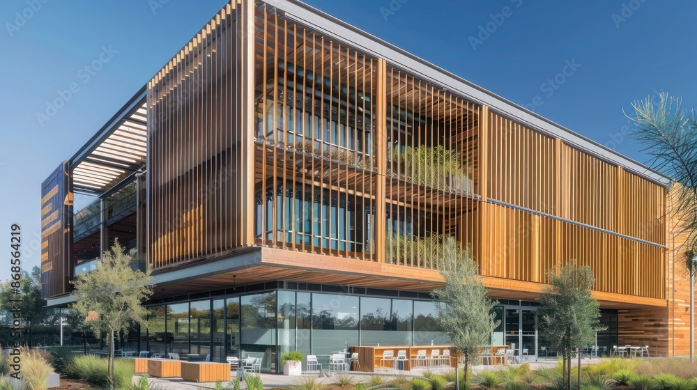 Obraz premium sustainable office building with exterior vertical wood louvers for sun control