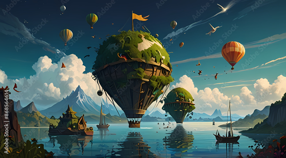 Fototapeta premium Illustration of a Big Ship Sailing on fantasy world