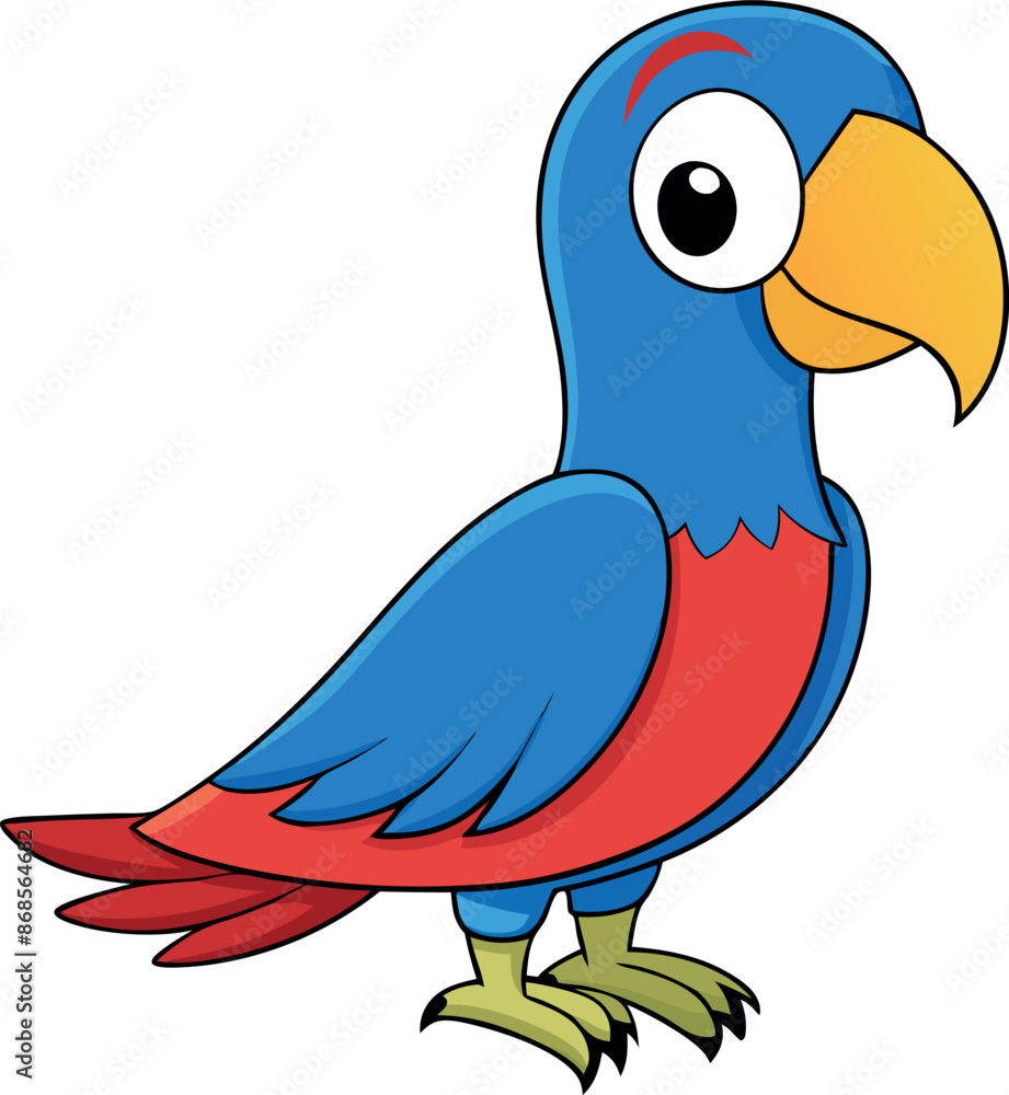 Fototapeta premium Colorful cartoon parrot with vibrant blue and red feathers and a friendly expression