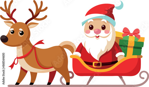 Cute cartoon Santa Claus in sleigh with reindeer and Christmas presents