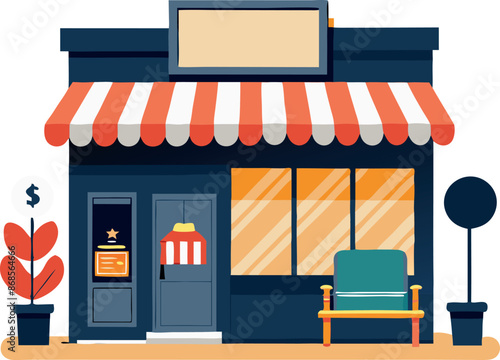 Illustration of a small storefront with a red and white striped awning, large window, and outdoor bench