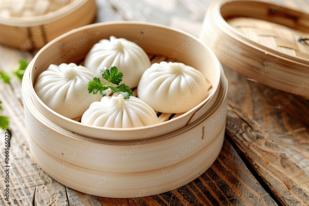 A bunch of steamed dumplings served in a traditional wooden container, suitable for food or gift use A bunch of steamed dumplings served in a traditional wooden container, suitable for food or gift use