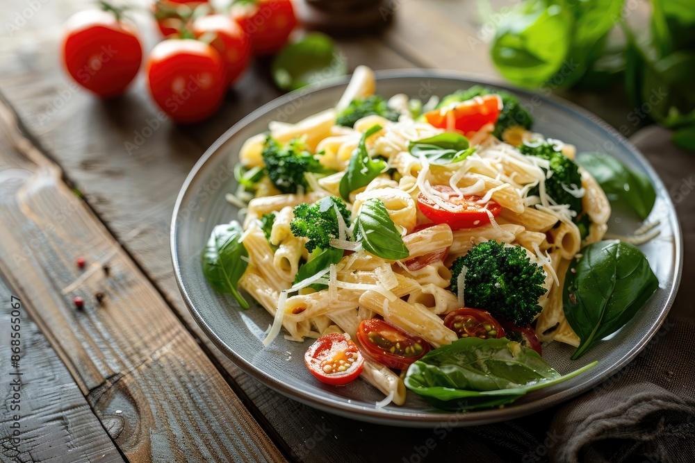 Delicious penne pasta with fresh vegetables and grated cheese, garnished with basil, perfect for a healthy Italian meal. Delicious penne pasta with fresh vegetables and grated cheese, garnished with basil, perfect for a healthy Italian meal.