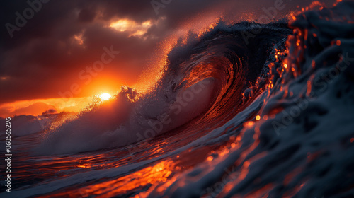 Surfing big waves at sunrise