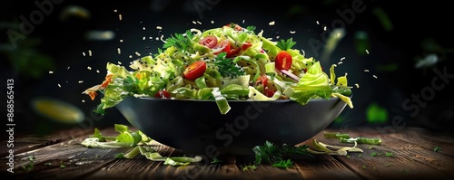 Fresh garden salad in a black bowl with tomatoes, lettuce, and herbs, in a dark rustic setting, perfect for healthy eating and wellness concepts.