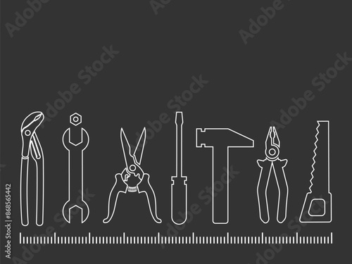 Professional handyman services. Vector banner template with seven tools and text space.  Set of repair tools on gray background for your web site design, app, UI. EPS10.