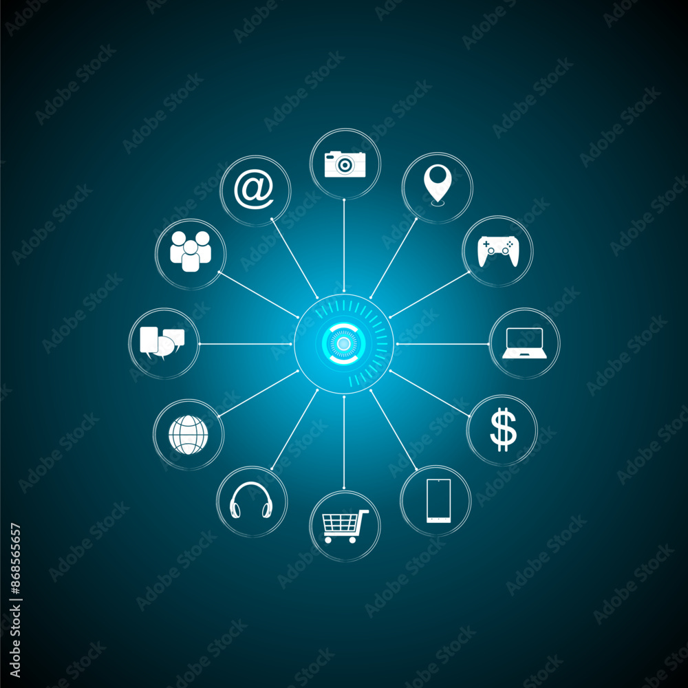 Information technology development background, access to all, security, shopping, work, just one button Information technology development background, access to all, security, shopping, work, just one button