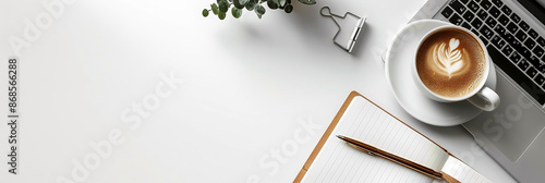 Top view flat lay photo banner mockup of office working desk with laptop computer note book and pens with space for text editing in white background 