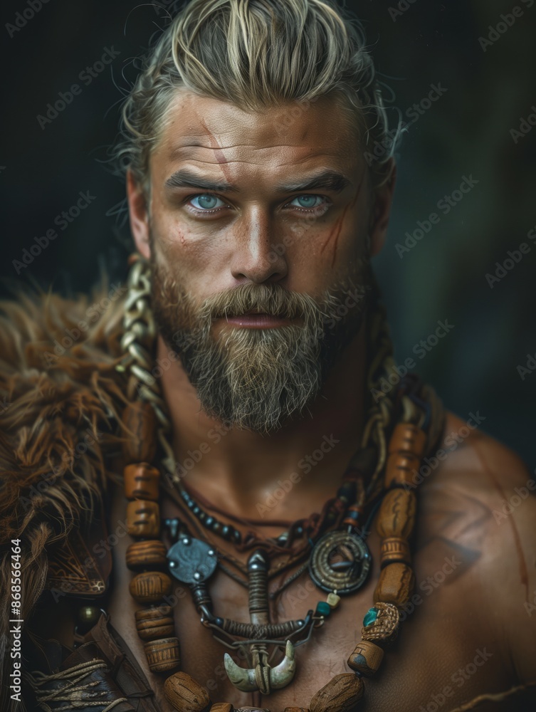 A close-up portrait of a handsome blonde barbarian with blue eyes and a thick beard. He is wearing various necklaces and jewelry. A close-up portrait of a handsome blonde barbarian with blue eyes and a thick beard. He is wearing various necklaces and jewelry.