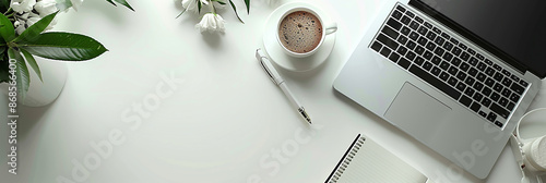 Top view flat lay photo banner mockup of office working desk with laptop computer note book and pens with space for text editing in white background 