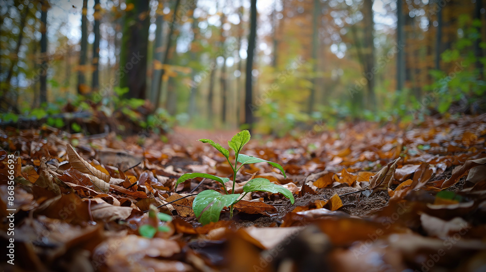 Forest Floor Covered in Autumn Leaves with Emerging Green Shoot Forest Floor Covered in Autumn Leaves with Emerging Green Shoot