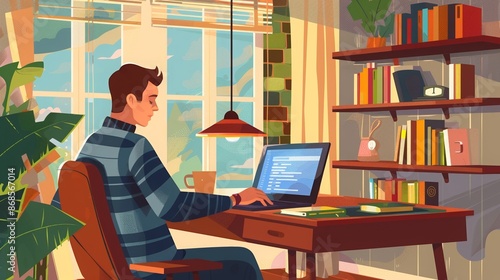 Man working remotely, laptop on a stylish desk, colorful art, cozy home setting 