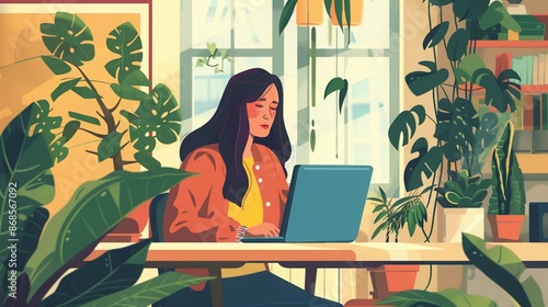 Woman at a laptop, home office filled with plants and art,  illustration, bold and bright colors 
