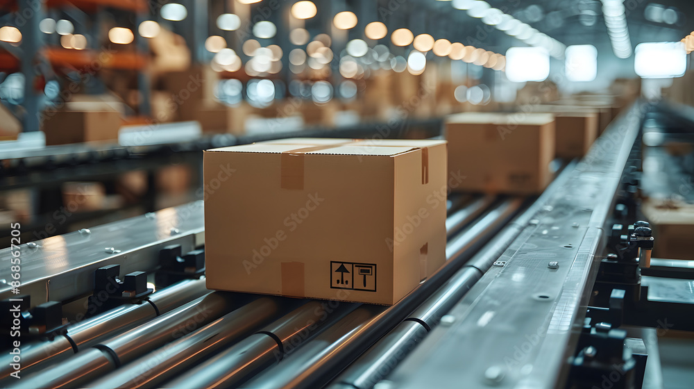 Closeup of multiple cardboard box packages seamlessly moving along a conveyor belt in a warehouse fulfillment center Closeup of multiple cardboard box packages seamlessly moving along a conveyor belt in a warehouse fulfillment center