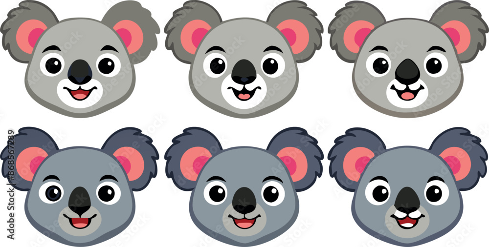 Obraz premium A collection of six adorable cartoon koala faces, each showing different expressions and designed in a fun and playful style.